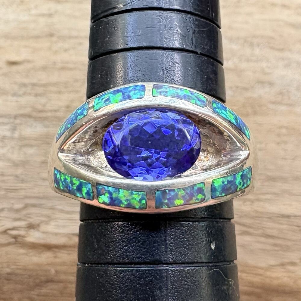 Sterling Silver, Sapphire and Blue/Green Opal InlayRing Size 9